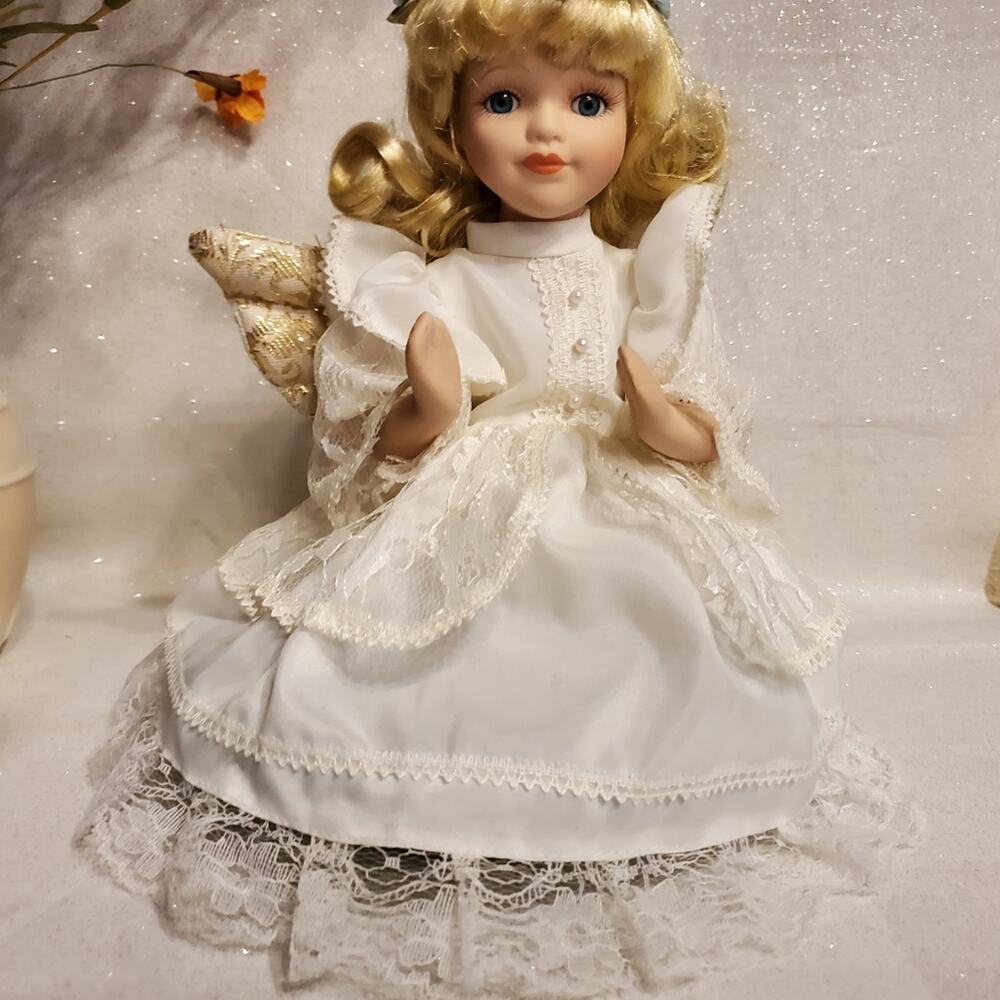Porcelain Christmas Angel Blonde Hair Blue Eyed Praying Kneeling Doll